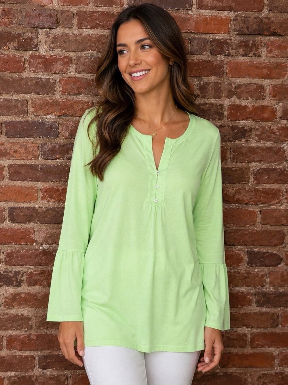 Soft Surroundings Green Jeweled Split Neck Tunic Sz 1X Bell Sleeve Beach Cruise